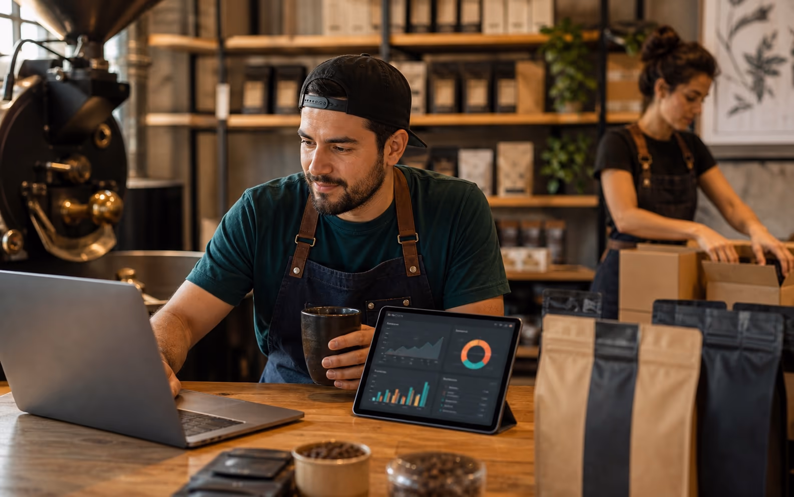 Tostadora de café revisando pedidos y métricas de e-commerce