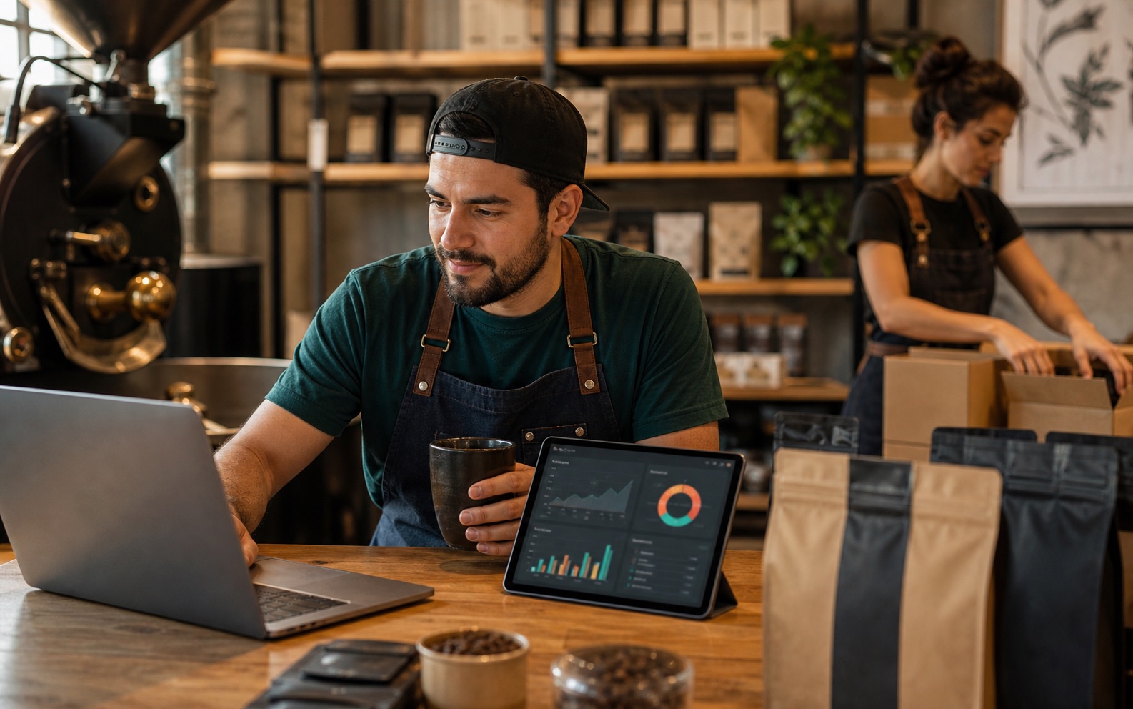 Tostadora de café revisando pedidos y métricas de e-commerce